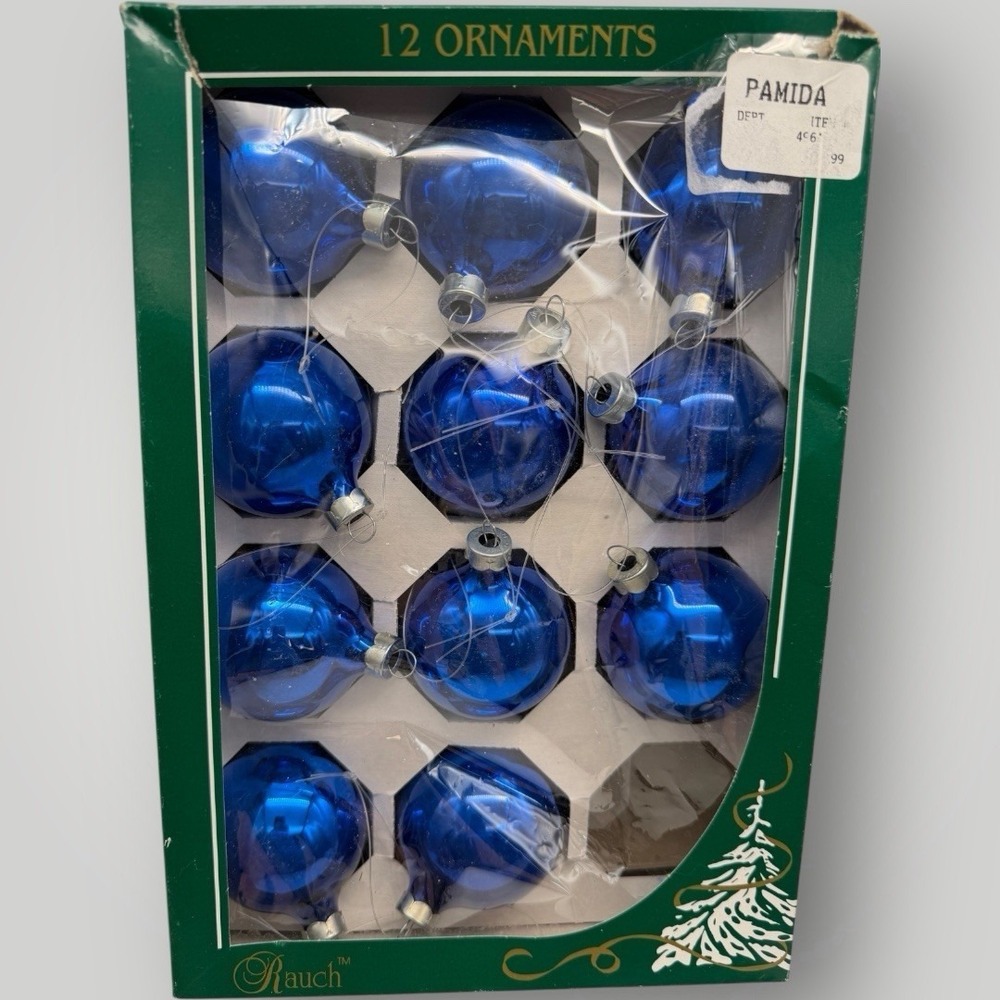 Vintage Rauch 11 Shiny‎ Blue Glass Ball Christmas Ornaments w/Box 2" Made In USA
